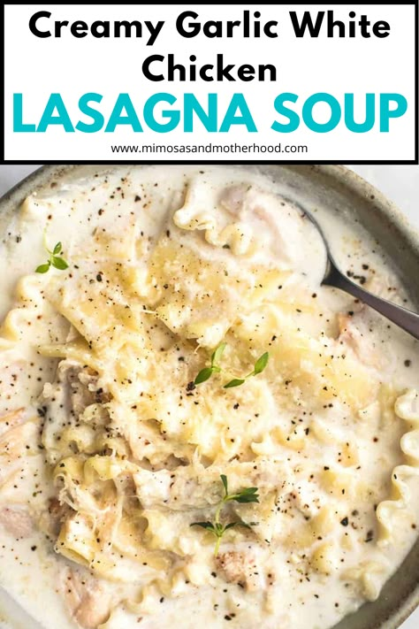 The coziest, creamiest, most comforting soup! This roasted garlic white chicken lasagna soup is sure to be a hit with the whole family, and it's quite quick and easy to put together too! Roasted Garlic White Chicken Lasagna, Roasted Garlic White Chicken Lasagna Soup, Instant Pot White Chicken Lasagna Soup, Easy White Chicken Lasagna Soup, White Chicken Lasagne Soup, Creamy White Chicken Lasagna Soup, Roasted Chicken And Garlic Soup, White Chicken Lasagna Soup Recipe, Chicken Lasagna Soup Crock Pot