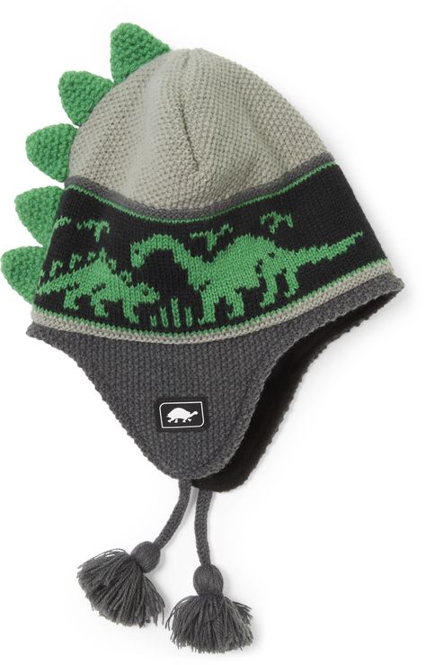 Dinosaurs need to stay cozy  too. Equipped with soft fleece  earflaps and  of course  dino spikes  the kids' Turtle Fur Dr. Dino hat keeps ferocious little adventurers warm all winter long. Dinosaur Hat, Earflap Beanie, Earflap Hat, Crochet Dinosaur, Camping Outfits, Casual Running Shoes, Wearing A Hat, Boys Accessories, Casual Hat