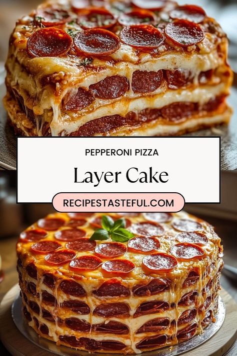 This Pepperoni Pizza Layer Cake combines the classic flavors of pizza in a fun, layered format. With gooey mozzarella, savory pepperoni, and seasoned ground beef, it’s a crowd-pleaser that’s perfect for parties or family dinners! Pizza Hut Priazzo, Double Layer Pizza, Pepperoni Pizza Layer Cake, Fun Kid Dinner, Pizza Theme Cake, Pizza Cake Birthday, Pepperoni Pizza Cake, Fun Dinners For Kids, Cake Picnic