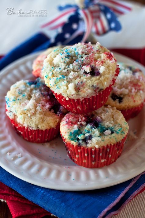 Kick off your Independence Day celebration this year with red, white and blue muffins. | Barbara Bakes Blue Muffins, 4th Of July Breakfast, Blue Muffin, Fourth Of July Recipes, Cranberry Recipes Muffins, Patriotic Recipes, Blueberry Streusel Muffins, July Recipes, Cranberry Muffins