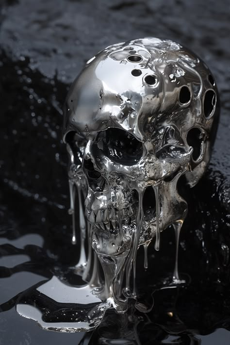 Realistic depiction of a metal skull melting in raw, highly detailed style Skull Melting Drawing, Human Textiles, Metal Objects Photography, Melting Picture, Melting Objects, Melting Sculpture, Face Melting, Metal Photography, Melted Metal