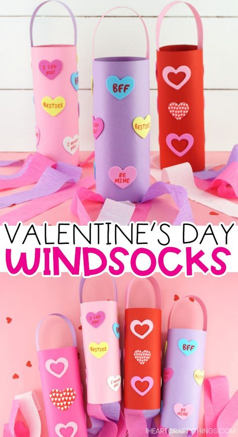 Celebrate Valentine's Day by making this cute and easy heart windsock craft. It's a simple Valentine heart craft for toddlers, preschoolers and kids of all ages. Kids love stickers so this simple heart windsock craft is sure to be a hit for Valentine's Day! Use your heart windsocks to decorate a classroom or front porch for the holiday. Or they are a super simple take home craft for kids to make at a Valentine's Day class party. #iheartcraftythings Valentines Crafts For School Age, Diy Classroom Valentines Decorations, Valentines Crafts For Kids Easy, Toddler Craft Ideas Valentines, Crafts For February, Valentines Class Crafts For Kids, Valentines Day Crafts For School Age, Valentines Art Activities For Kids, Valentines Day Learning Activities Preschool