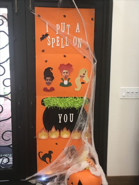 Hocus Pocus Halloween Door Decorations Classroom, Hocus Pocus Everybody Focus Door, Hocus Locus Class Door, Halloween Door Hocus Pocus, Witch Classroom Door Ideas, Hocus Pocus Office Door Decorations, Halloween Door Decorations Hocus Pocus, Hocus Pocus Office Theme, Halloween Locker Decorations