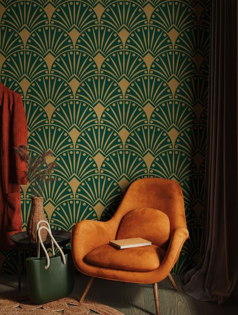 Vintage Art Deco Wallpaper | Geometric Line Art Wall Mural | Peel and Stick Wallpaper | Removable Wallpaper This Art Deco style wallpaper features geometric shapes on a green background giving it a modern and stylish look. The dynamic and lively look it creates on the wall will add vitality and energy to the space. The wallpaper is made of high quality materials and has a long service life. It is easy to apply and you do not need professional help. 🚚 FREE EXPRESS SHIPPING! 🚚 -SPECIAL ORDER (CUSTOM ORDER): Our professional wallpaper designers can customize the size for you for free. It can change the background color. Please contact me for details. We will be pleased to assist you, our valued customers. Peel And Stick Wallpaper: ✓ Easy to Install and cut. ✓ Environmentally friendly qualit Green Art Deco Wall Paper, Green And Copper Wallpaper, Art Deco Inspired Wallpaper, Eclectic Wallpaper Accent Wall, Vintage Wallpaper Decor, Modern Art Deco Interior Office, Wallpaper Tv Room, Art Deco Style Wallpaper, 70s Bedroom Wallpaper