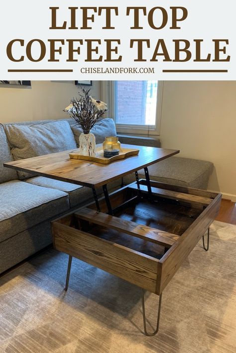 DIY Lift Top Coffee Table (Step-by-Step Instructions) - Chisel & Fork Diy Lift Top Coffee Table, Lift Up Coffee Table, Coffee Table Inspiration, House Lift, Lift Coffee Table, Old Coffee Tables, Coffee Table Plans, Diy Table Saw, Lift Top Coffee Table