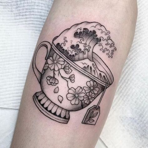 Tea Leaves Tattoo, Cup Of Tea Tattoo, Wave Tattoo Ideas, Teapot Tattoo, Coffee Cup Tattoo, Nature Tattoo Ideas, Wave Tattoos, Tea Tattoo, Teacup Tattoo