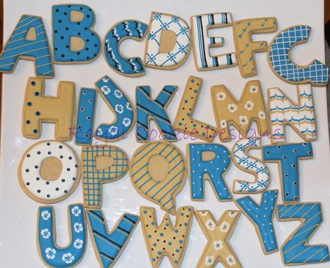 The inspiration for the uber cool color scheme was taken directly from the book her daughter's class was reading ... Cookie Letters, Designed Cookies, Letter Cookies, Abc Cookies, Number Cookies, Cookies Decoration, No Bake Sugar Cookies, Decorated Letters, Monogram Cookies