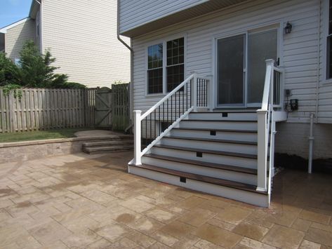 Composite Stairs To Patio, Stairs Down To Patio, Patio With Steps Down From House, Techo Bloc Patio, Backyard Stairs, Patio With Fire Pit, Step Ideas, Patio Stairs, Pavers Backyard