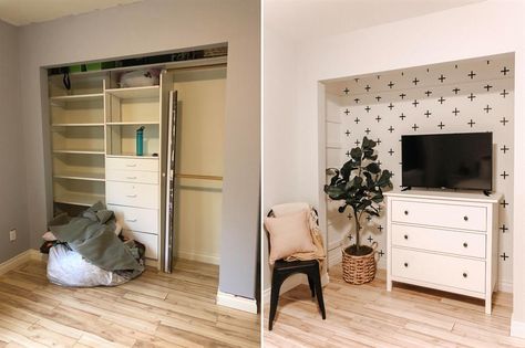 Linen Closet In Bathroom, Tv Nook Makeover, Closet In Bathroom, Home Updates Diy, Closet Nook, Closet Conversion, Closet Makeovers, Tv Nook, Clever Closet