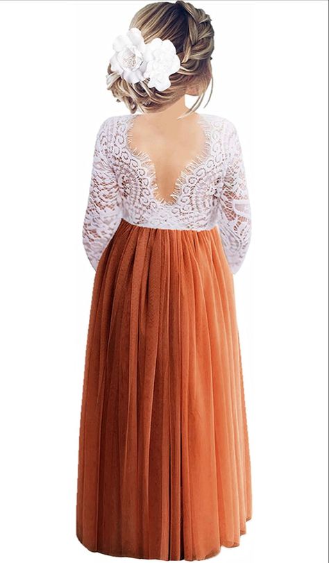 Flower Girl Copper Dress, Flower Girl Dresses Terracotta, Flower Girl Fall Wedding, Burnt Orange Flower Girl Dresses, Orange Flower Girl Dress, Fall Flower Girl, Fall Flower Girl Dresses, Wedding Dress Jumpsuit, Orange Wedding Themes