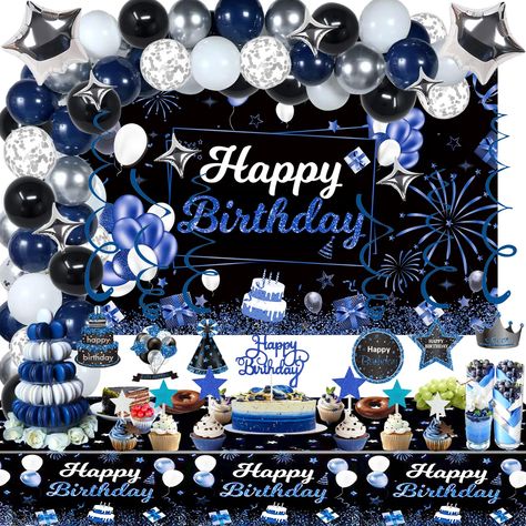 PRICES MAY VARY. Blue Birthday Decoration Kit Includes:Black and Blue Table Cover *1; Blue Birthday Background *1; 18"aluminum sliver star *2; Blue hanging swirls pendant *6; Balloon arch strip *1; 10"Black Blue White Silver latex balloons *40; Silver confetti balloons *8; 10" silver four-pointed star *6; Blue birthday cake topper *1 Various Navy Blue Birthday Decorations:Our Blue Happy Birthday Deco supply is themed in blue, black, silver and white, with balloon arches, photo booth, tablecloth, Black And Blue Birthday Theme, 40 Shades Of Blue Birthday Party, Blue Silver Black Birthday Theme, Blue And Silver 80th Birthday, Blue And Silver 60th Birthday Party, Adult Birthday Party Themes, Blue Birthday Cakes, Birthday Balloon Decorations, Kids Gift Guide