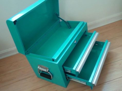 turquoise MCM | Turquoise Blue Steel Storage Tool Box - ... | Retro, MCM, Mod Home, M ... Kobalt Mini Toolbox Ideas, Pink Tool Box, Scrapbooking Storage, Parts Organizer, Steel Tool Box, Small Parts Organizer, Tool Box Diy, Pink Tools, Scrapbook Storage