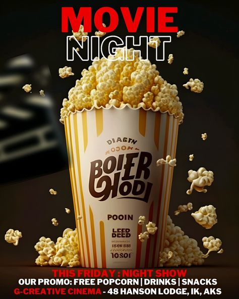 Movie night advert flyer Movie Night Flyer Template Free, Movie Night Flyer Design, Movie Night Flyer, Popcorn Design, Advert Design, Movie Night Food, Free Popcorn, Photoshop Lessons, Graphic Layout