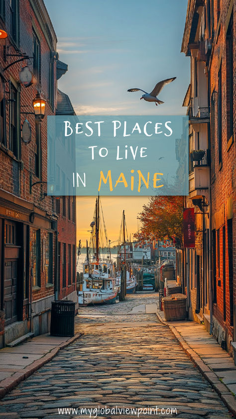 A cobblestone street in a coastal Maine town, with historic brick buildings and boats docked at the marina, is illuminated by the warm glow of sunrise. Maine Coastal Towns, Living In Maine, Maine Aesthetic, Moving To Maine, Maine Living, Beautiful Places To Live, Places To Live, Mountain Living, Coastal Charm