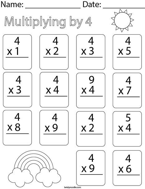 Multiplying by Four Math Worksheet - Twisty Noodle Multiply By 4 Worksheet, 3grade Math Worksheets, Colouring Patterns, Decimal Multiplication, Grade 5 Math Worksheets, Multiplication Worksheet, Kumon Math, Touch Math, Math Decimals