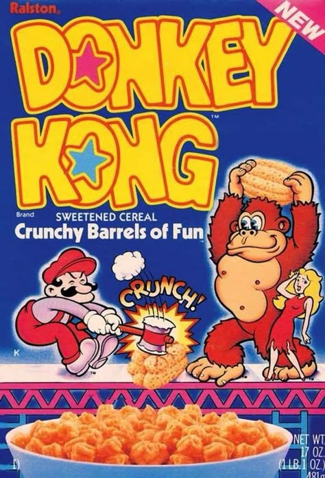 Donkey Kong Cereal | 25 Cereals From The '80s You Will Never Eat Again American Cereal, 80s Food, Vintage Cereal, Cereal Brands, Crunch Cereal, Cereal Killer, Cereal Boxes, Game Collection, Vintage Food