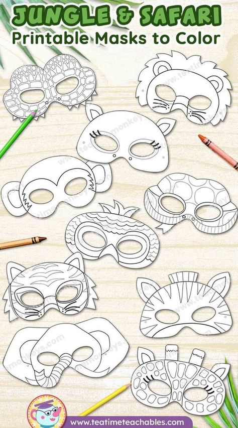 Get your kids ready for an adventure in the jungle with these fun printable jungle animal masks for coloring! Whether it's for arts and crafts, role-playing, or a themed party, these masks are sure to bring hours of fun. Let the coloring and decorating begin! Available in store - click the pin to learn more. Jungle Theme Art Projects, Safari Week Activities, Safari Kids Activities, Animal Week Activities, Safari Themed Crafts For Kids, Safari Themed Activities For Kids, Jungle Animal Crafts For Toddlers, Jungle Theme Party Games, Animal Themed Activities For Kids