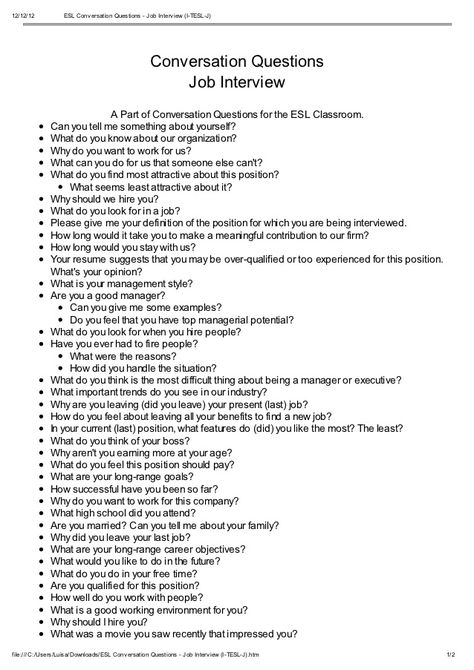 12/12/12           ESL Conv ersation Questions - Job Interv iew (I-TESL-J)                                                ... Conversation Dialogue, English Speaking Book, Most Common Interview Questions, 30 Day Writing Challenge, Efl Teaching, Conversation Questions, Stages Of Writing, Common Interview Questions, Class Jobs