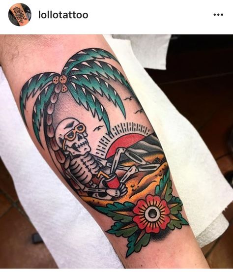 Tattoos To Get On Vacation, Traditional Tattoo Man, Tropical Tattoo, Americana Tattoo, Island Tattoo, Skeleton Tattoo, Traditional Style Tattoo, Full Sleeve Tattoo Design, Palm Tattoos