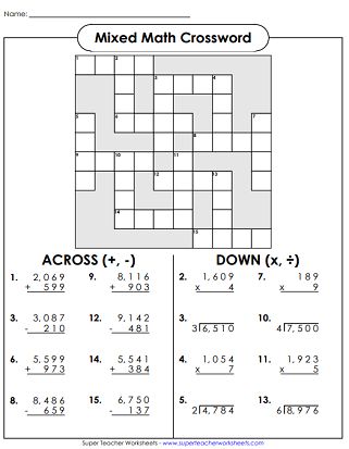 Mixed Math Crossword Puzzle Division Crossword Puzzle, Multiplication Crossword Puzzles, Maths Crossword Puzzles, Math Crossword Puzzles, Math Crossword, 5th Grade Math Games, Math Fact Worksheets, Long Division Worksheets, Subtracting Decimals