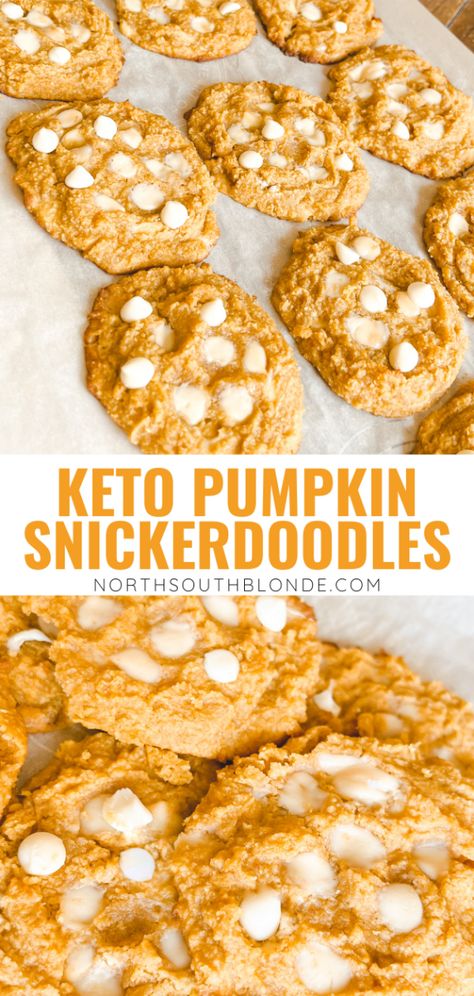 These keto pumpkin snickerdoodles are soft and chewy pumpkin spice cookies! A healthy snack or fall dessert that's gluten-free and low carb. Soft Baked Cookies | Snickerdoodle Cookies | Sugar Free | Grain Free | Ketogenic | Pumpkin Puree | White Chocolate Chips | Fall Recipe | Fall Dessert | Healthy Snacks | Pumpkin Pie Spice | Thanksgiving | Cookies Snickerdoodle, Pumpkin Snickerdoodles, Soft Baked Cookies, Low Carb Holiday, Pumpkin Spice Cookies, Dessert Healthy, Cookies Sugar, Keto Pumpkin, Snickerdoodle Cookies