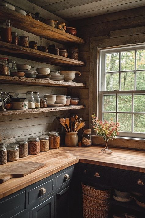 29 Little Cabin Kitchen Ideas For A Warm And Inviting Cooking Area - Courtneys World Small Old World Kitchen, Kitchen Ideas For Cabin, Wooden Cabin Kitchen, Wood Block Countertops Kitchen, Warm Rustic Kitchen, Wood Cabinets Kitchen Ideas, Matching Hardwood Floors, Corner Countertop Storage, Indoor Wood Storage