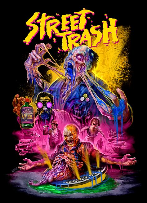 Carnival of Horror on Twitter: "Street Trash is a 1987 American cult classic independant comedy/horror film directed by J. Michael Muro.  It won the Silver Raven at the Brussels International Festival of Fantasy Film. Street Trash poster art by Devon Whitehead.  #horrormovies #horror #horrorart #HorrorFamily… https://t.co/aeUadzgtqg" Street Trash, 80s Horror, Horror Artwork, Trash Art, Best Horror Movies, Horror Posters, Retro Horror, Movie Covers, Horror Movie Art