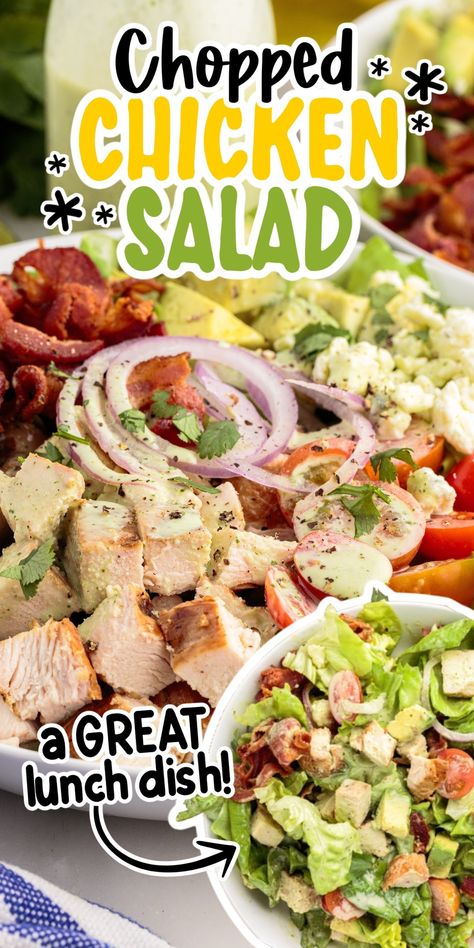 Chopped chicken salad is marinated and grilled to perfection, on a bed of crunchy romaine lettuce, topped with bacon, avocado, and blue cheese crumbles, tossed in a homemade creamy dressing that is filling, refreshing, and a real crowd pleaser. Chicken And Lettuce Salad, Chicken Lettuce Salad, Chicken Salad With Lettuce, Creamy Cilantro Lime Dressing, Chopped Chicken Salad, Packaged Salad, Chicken Chopped Salad, Individual Salads, Cilantro Lime Dressing