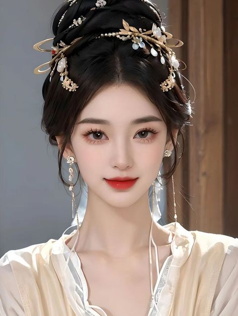 Hanfu Makeup Look, Chinese Hanfu Makeup, Hanfu Makeup, Hanfu Art, Hanfu Hairstyles, Traditional Hairstyle, Hanfu Dress, Chinese Art Girl, Chinese Hairstyle