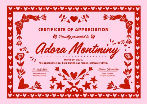 Pink Red Bold Cute Coquette Hearts Certificate by Take Care Creative. Follow on Canva or get emails about new canva templates at takecarecreative.co / valentine, red, bow, heart, appreciation, romance, love, flower, stamp, star, illustration / Creative Certificate Design, Cute Certificate, Certificate Appreciation, Certificate Background, Cute Coquette, Star Illustration, Certificate Of Appreciation, Certificate Design, Brain Power