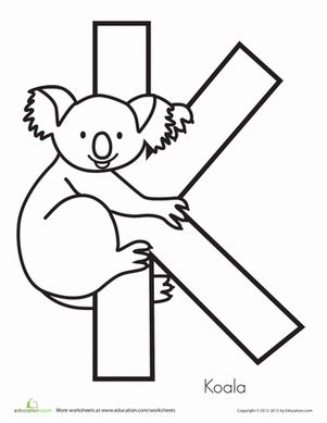 Meet the koala, a cute animal that hangs around the Australian countryside. Keep building up your preschooler's vocabulary as she colors her way from A to Z. Letter K Worksheets, K Is For Koala, Preschool Worksheets Free, Australian Countryside, Letter K Crafts, Koala Craft, Preschool Worksheets Free Printables, Alphabet Crafts Preschool, Alphabet Letter Crafts