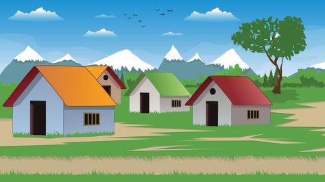 Poor farmer village cartoon background of green meadows and surrounded by trees, ocean and mountains Farmer Background, Ocean And Mountains, Tree Saw, Cartoon Background, Cityscape Photos, Logo Banners, Nature Backgrounds, Background Banner, Travel Lifestyle