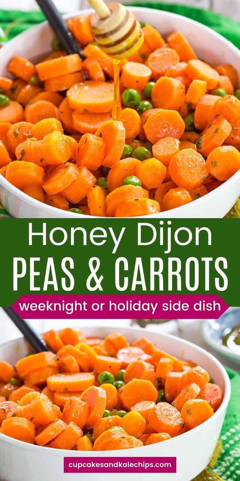 Honey Dijon Peas and Carrots give your basic glazed veggies a little sweet and tangy twist. This easy side dish recipe is ready in about 15 minutes, so perfect for a busy weeknight dinner. But the amazing flavor makes them worthy of adding to your holiday menu for Thanksgiving, Christmas, or Easter! Roasted Peas And Carrots, Carrots And Beans Side Dish, Corn Peas Carrots Recipe, Peas Carrots Corn Recipe, Peas Thanksgiving Side Dish, Canned Carrot Recipes Side Dishes, Healthy Carrots Side Dish, Canned Peas And Carrots Recipe, Carrots And Peas Side Dishes