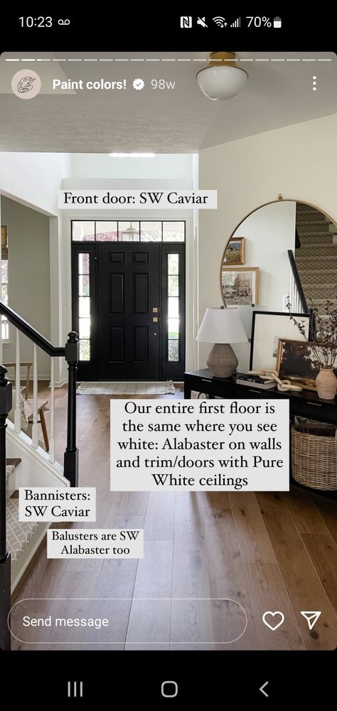 Dark Accent Walls, Dark Doors, Black Fireplace, Alabaster White, Cream Walls, Paint Color Schemes, Living Room Color Schemes, White Ceiling, Black Furniture