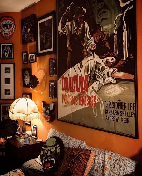 Movie Gallery Wall, Horror Room Ideas, Moody Maximalism, Horror Home Decor, Horror Room, Dark Vibes, Halloween Room, Bat Cave, Room Vibes