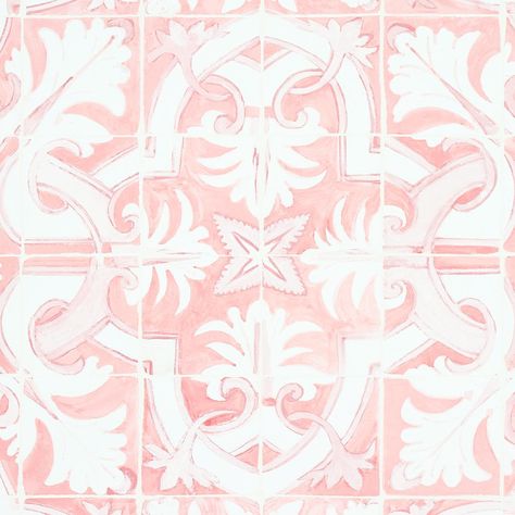 Azulejos - Pink Wallpapers | Schumacher French Textiles, Interlocking Pattern, Veranda Magazine, Mary Mcdonald, Toile Wallpaper, Powder Room Makeover, Wallpaper Pink And White, Portuguese Tiles, Hospitality Projects