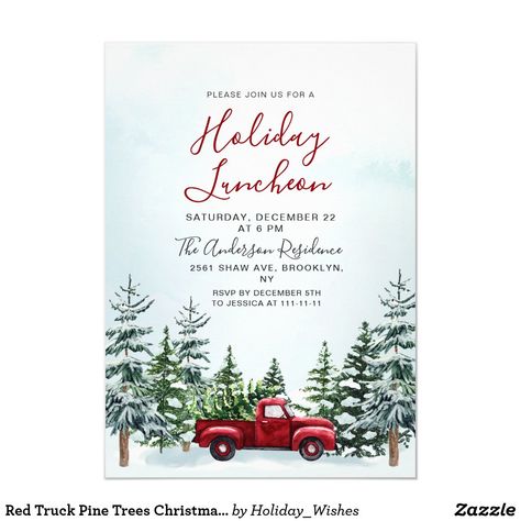 Red Truck Pine Trees Christmas Holiday Luncheon Invitation Pine Trees Christmas, Holiday Open House Invitations, Holiday Luncheon, Luncheon Invitation, Tree Invitation, Christmas Cocktail Party, Cocktail Party Invitation, Holiday Stationery, Christmas Stationery