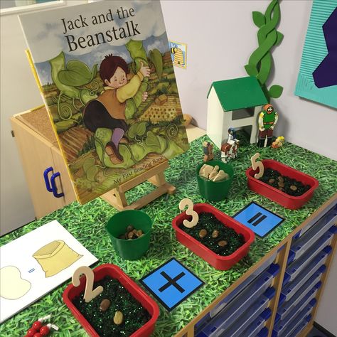 Interactive maths - simple addition / compare two numbers Eyfs Jack And The Beanstalk, Reception Maths, Bean Stalk, Maths Eyfs, Fairy Tales Preschool, Maths Display, Early Years Maths, Sensory Games, Maths Area