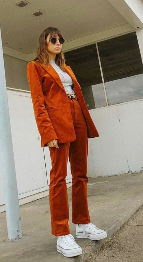 Burnt orange Apricot Crush Outfit, Orange Velvet Pants Outfit, Orange Velvet Shirt Outfit, Burnt Orange And White Outfit, Monochrome Orange Outfit, Red Orange Outfit, 80s Orange Outfit, Burnt Orange Suit Women, Rust Orange Suits Women Indian