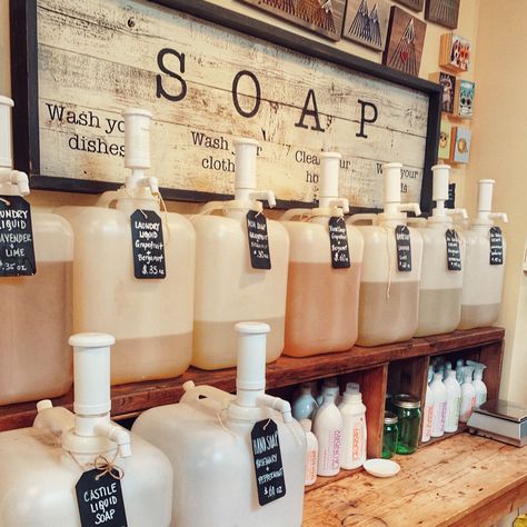 Where Seattleites can find refillable soap in Seattle, Tacoma and Vancouver BC Canada and other reuseable/refillable things Soap Refill Station, Refill Store Design, Soap Shop Interior, Refill Store, Zero Waste Grocery Store, Refill Station, Bulk Store, Soap Studio, Sustainable Shop