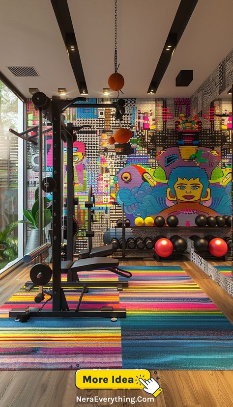 A vibrant home gym with colorful decor, a variety of fitness equipment, and a lively atmosphere for energetic workouts. Modern Gyms, Gym Setup Ideas, Fitness Rooms, Exercise Space, Home Gym Ideas, Home Gym Setup, Gym Setup, Weight Room, Workout Space