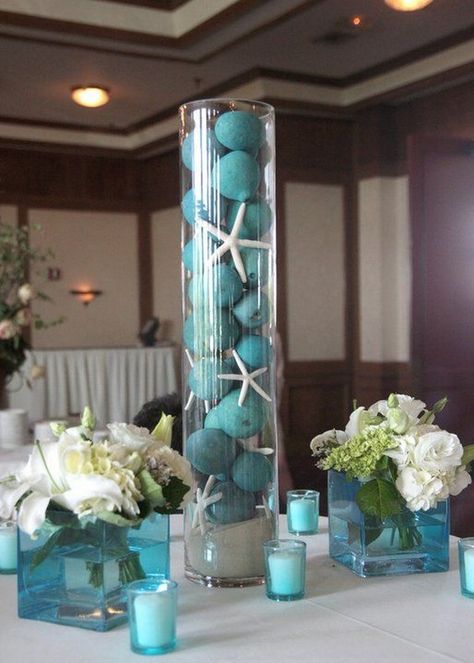 turquoise starfish wedding centerpiece Deco Theme Marin, Starfish Decorations, Seashell Centerpieces, Flowers In Vases, Beach Wedding Decorations Reception, Beach Wedding Centerpieces, Flowers Candles, Rustic Wedding Decorations, Sea Wedding