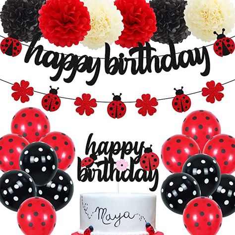 Ohiviaaa Ladybug Birthday Decorations Ladybird Happy Birthday Banner Ladybeetle Cake Topper Black Red Latex Balloon Pom Pom Flowers for Ladybug Theme Bday Party Supplies : Toys & Games Ladybug Happy Birthday, Ladybug Birthday Decorations, Ladybird Birthday, Ladybug 1st Birthday, Black Ladybug, Pom Flowers, Ladybug Birthday Party, Pom Pom Flowers, Ladybug Theme