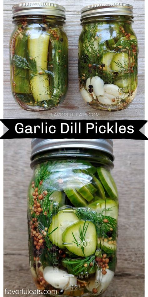 Made with herby, fresh dill, pickling spices, and plenty of garlic cloves, a batch of homemade Garlic Dill Pickles is the tangy, crunchy snack you’ve been waiting for! #pickles Spicy Garlic Dill Refrigerator Pickles, How To Make Pickles From Cucumbers Dill, Garlic Pickles Canning, Cold Brine Dill Pickles, Spicy Garlic Dill Pickle Recipe, Homemade Pickle Flavors, Cold Pickling Recipes, Small Batch Pickles Recipes, Homemade Garlic Dill Pickles