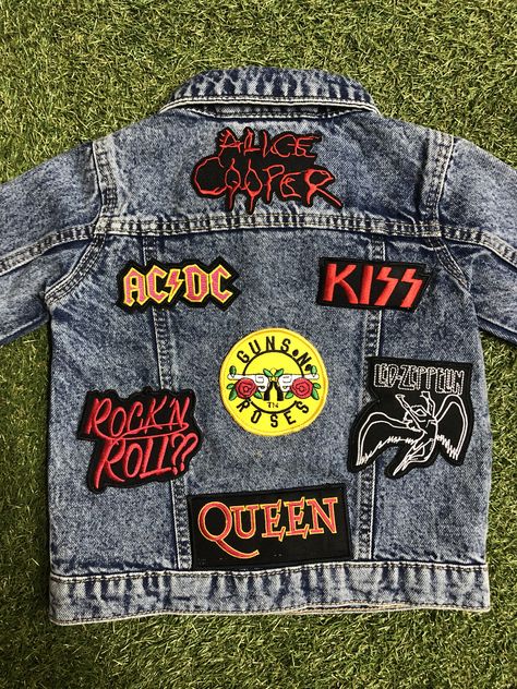 A custom band jacket for Mamas or Minis featuring band patches of your choice! Check out our huge selection on our instagram page, or shop our Etsy store! Band Patches Jacket, Patches On Jean Jacket, Embroidary Jeans, Jacket Patches Aesthetic, Rock Jean Jacket, Patch Jacket Ideas, Punk Denim Jacket, Patched Jeans Diy, 80s Jean Jacket