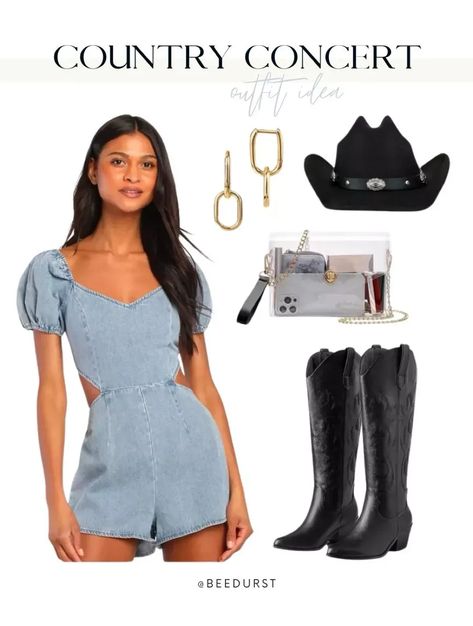 Festival outfit, country concert look, denim romper, black cowboy boots, cowgirl hat Denim Country Concert Outfit, Outfit Country Concert, Concert Look, Outfit Country, Black Cowboy Boots, Boots Cowgirl, 2024 Outfits, Black Cowboy, Country Concert Outfit