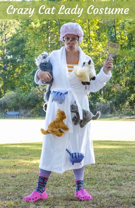 Learn how to create a DIY old crazy cat lady costume for Halloween! Make your costume complete with a kitty litter scoop, fun socks, and Crocs. Fun for kids or for women! Crazy Cat Lady Halloween Costume, Crazy Cat Lady Halloween, Cat Lady Costume, Crazy Cat Lady Costume, Old Lady Costume, Trash Party, Kostum Halloween, Litter Scoop, Kitty Litter