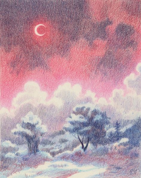 Color Pencil Art Sketches, Winter Drawings Colored Pencil, Color Pencil Clouds, Clouds Colored Pencil, Color Pencil Landscape, Red And Blue Drawing, Colored Pencil Sketches, Glowing Clouds, Colored Pencil Illustration