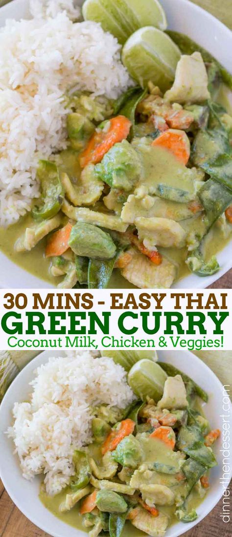 Easy Thai Green Curry made in just 30 minutes, full of coconut milk, ginger, garlic, snow peas, avocado chunks and more is the perfect Thai takeout dish! | #thaifood #thai #thairecipes #thaicurry #thaigreencurry #dinnerthendessert #asianrecipes Thai Green Curry Recipe Chicken Coconut Milk, Thai Green Coconut Curry Chicken, Avocado Curry Recipe, Easy Green Curry Chicken, Avocado Curry Thai, Green Thai Curry Chicken Coconut Milk, Green Curry Recipes Thai Chicken, Green Chicken Curry Recipe Thai, Easy Green Curry Recipes