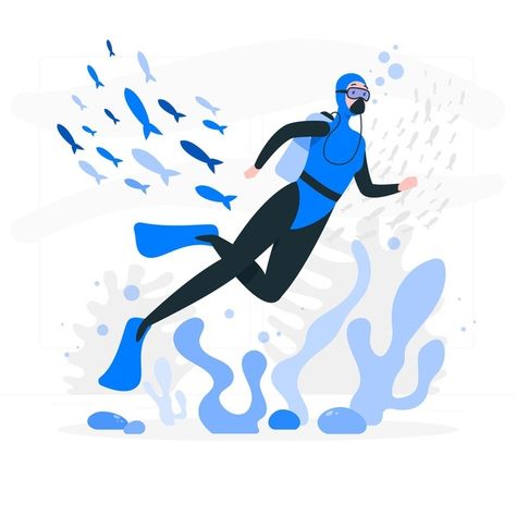 Sea Illustration, Summer Sport, Concept Illustration, Packing Design, Free Vectors, Flat Illustration, Sea Ocean, Sea Animals, Scuba Diving